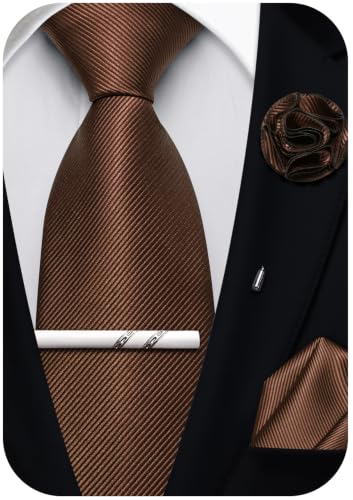 Solid Color Tie and Pocket Square with Tie Clip Lapel Pin Silk Formal Necktie Set Wedding Formal - color: Brown