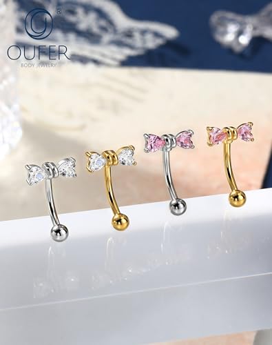 OUFER 16G Rook Earring Piercing Jewelry-316L Surgical Steel Pink Clear CZ Bow Eyebrow Rings, 6/8MM Curved Barbell Vertical Labret Lip Piercing Jewelry - color: Gold-PK