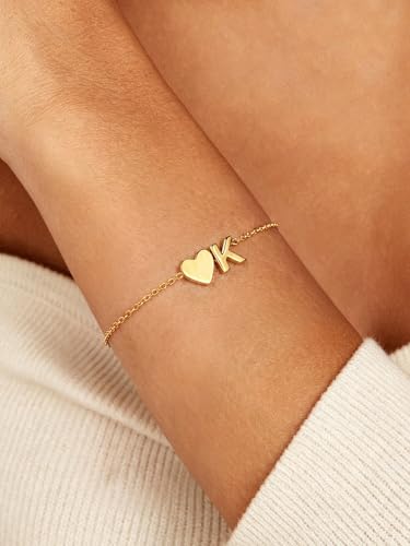 KeyStyle Initial Heart Bracelet for Women Waterproof Stainless Steel Chain | 14K Gold Plated /Silver A-Z Letter Adjustable Charm Bracelet, Hypoallergenic Non Tarnish Dainty Gift for Everyday Wear - color: 14K Gold Plated-F