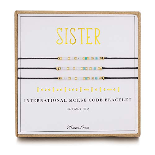 RareLove 3 Pieces Sisters Morse Code Bracelet Friendship Birthday Best Friends Gift For 3 Women Blue White Tiny Pony Seed Beads Black String Bracelets - size: 6.69 inches + 1.77 inches extender