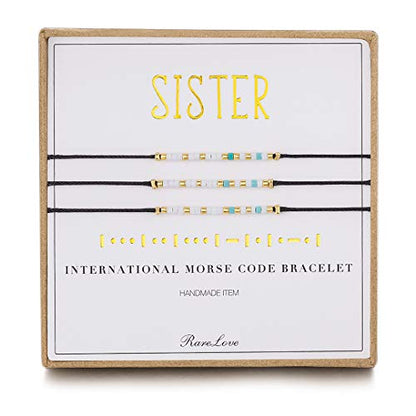 RareLove 3 Pieces Sisters Morse Code Bracelet Friendship Birthday Best Friends Gift For 3 Women Blue White Tiny Pony Seed Beads Black String Bracelets - size: 6.69 inches + 1.77 inches extender