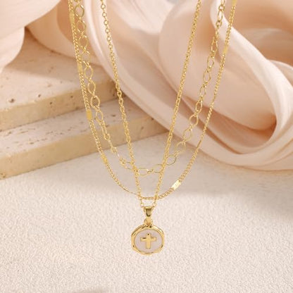 Gold Necklace for Women 14K Gold Plated Layered Cross Bar Necklace Herringbone Figaro Paperclip Flat Chain Cute Charm Accessories Non Tarnish Jewelry Set Gifts for Women - style: R-NK-07-Small cross-GD