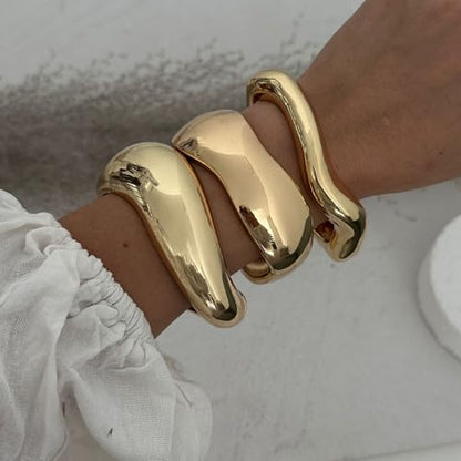 Big Chunky Gold Bracelets Set for Women 3Pcs Cuff Wide Bracelet Trendy High Shine Bracelets Minimalist Open Wide Cuff Bracelets Gold Bangle Bracelet Jewelry for Women - style: A-Gold