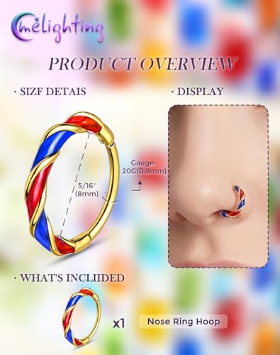 Melighting 20G Twist Nose Ring Hoop Stainless Steel 316L Piercing Jewelry | 7/8 mm Nose Piercing Jewelry, Cute Hinged Segment Clicker Lobe Helix Daith Cartilage Earring for Women - color: Gold RDBL, size: 20g8mm