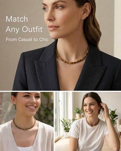 Natural Heishi Gemstone Choker Necklace for Women, Adjustable 15"+2" Beaded Layering Necklace, Coastal Beach Jewelry Gift for Her - color: Tiger Eye