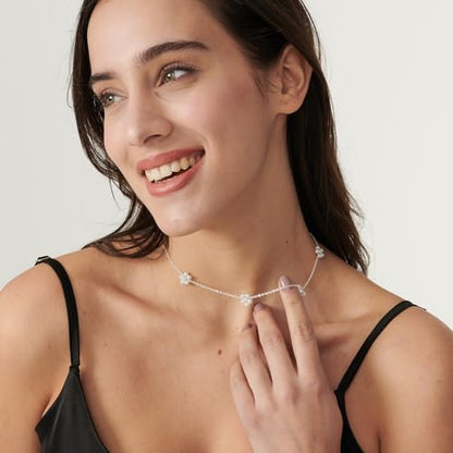 Pearl Necklace for Women- 14K Gold-plated/White Gold-plated Dainty Pearl Necklace for Women - color: Silver daisy flower
