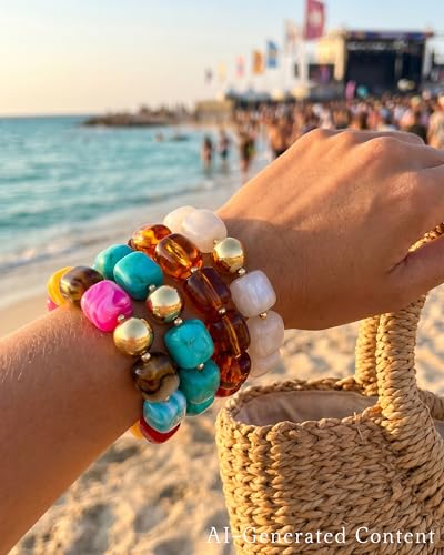 4 Pcs Chunky Beaded Bracelets for Women | Adjustable Colorful Resin Beads Bracelets Stretch Beaded Bracelet Boho Summer Beach Vacation Jewelry Gift - color: Color 2