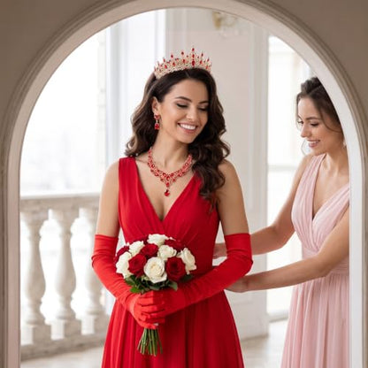 Tondiamo Bridal Jewelry Accessories Set Wedding Crystal Tiaras Crown Teardrop Necklace Earrings Satin Gloves for Women Queen Princess Birthday Prom Pageant Wedding Party - color: Red