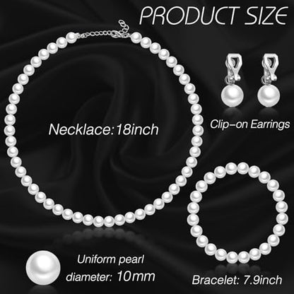 3 Pcs Pearl Jewelry Set Faux Pearl Clip on Earring Necklace Bracelet for Women Bridesmaid Birthday Wedding Gift - color: White, size: 10 mm