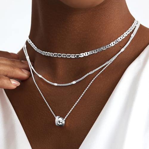 OGD Layered CZ Rondelle Pendant Necklaces for Women, 14K Gold Plated Trendy Mariner Chain Dainty Circle Rondelle Pendant Choker Necklace for Women Two-Toned Cubic Zirconia Gold Necklace - color: Silver Rondelle Layered-3PCS