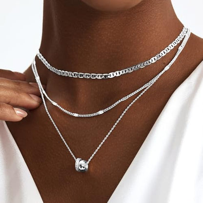 OGD Layered CZ Rondelle Pendant Necklaces for Women, 14K Gold Plated Trendy Mariner Chain Dainty Circle Rondelle Pendant Choker Necklace for Women Two-Toned Cubic Zirconia Gold Necklace - color: Silver Rondelle Layered-3PCS