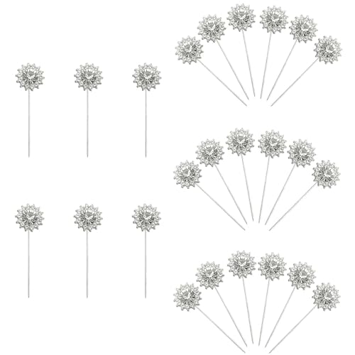 XGNG 24PCS Silver Alloy Diamond Flower Rhinestone Wedding Corsage Bouquet Pins - Round Diamond Crystal Floral Pins for Wedding Bridal Decoration