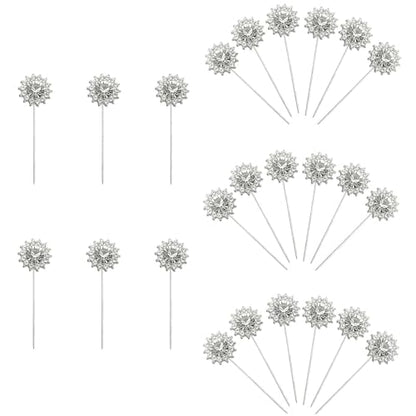 XGNG 24PCS Silver Alloy Diamond Flower Rhinestone Wedding Corsage Bouquet Pins - Round Diamond Crystal Floral Pins for Wedding Bridal Decoration