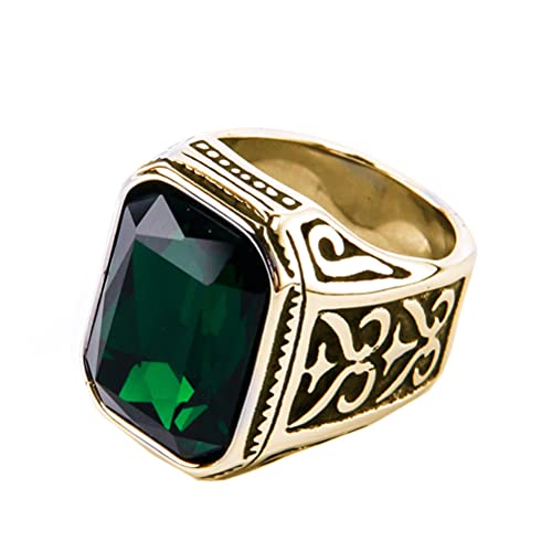 PAURO Promise Rings with Big Stone | Men's Stainless Steel, Vintage Wedding Promise Ring with Big Stone - color: Gold Black Green