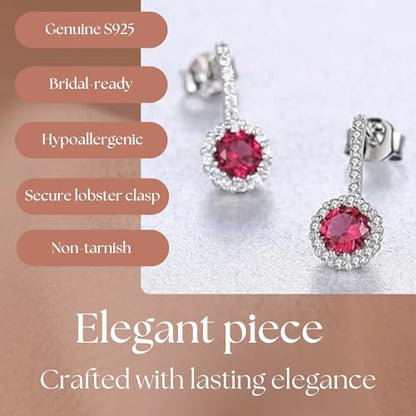 925 Sterling Silver Wedding Jewelry Set for Women - Sapphire Tone Gemstone Pendant Necklace and Stud Earrings with Cubic Zirconia Halo Design - Premium Rhodium Plated Finish - color: Red