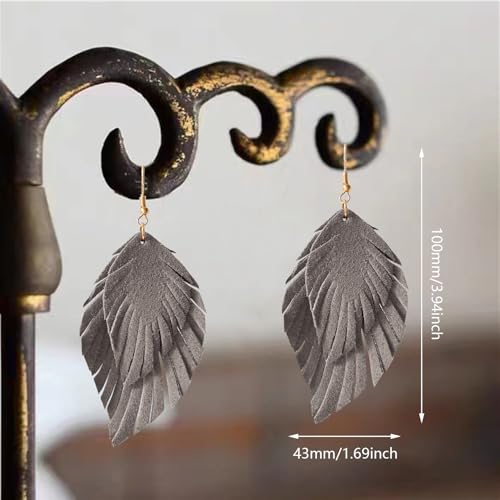 Handmade Bohemian Large Soft Genuine Leather Fringe Double Feather Dangle Drop Earrings Lightweight Simple Color PU Leaf Hook Earrings for Women - color: Grey