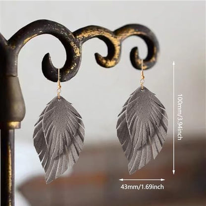 Handmade Bohemian Large Soft Genuine Leather Fringe Double Feather Dangle Drop Earrings Lightweight Simple Color PU Leaf Hook Earrings for Women - color: Grey