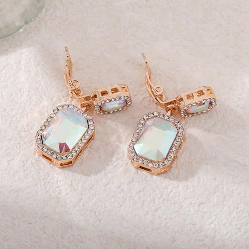 YINLI Austrian Crystal Square Shape Dangle Drop Clip on Earrings for Women - color: ab,gold