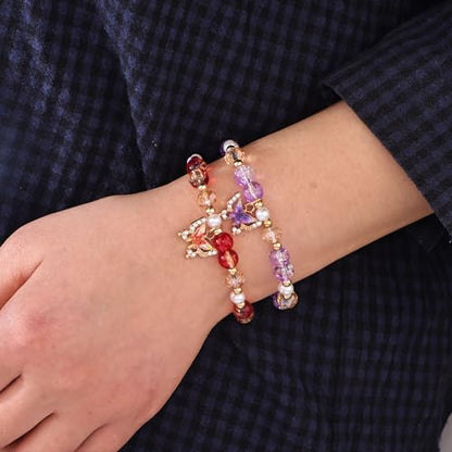 12 Pcs Butterfly Glass Beaded Stretch Bracelets for Women, 6 Colors Crackle Crystal Bead Elastic Bracelet Set with Enamel Charm, Stackable Handmade Jewelry Gift for Daily & Party Wear