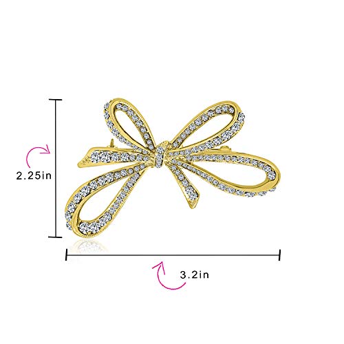 Winter Holiday Blue White Glittering Crystal Bridal Fashion Large Statement Ribbon Scarf Bow Brooch Pin For Women Rose Gold or Silver Plated - color: Gold Tone