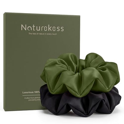 2PCS 100% Mulberry Silk Hair Ties, Silk Hair Scrunchies for Women, No Damage for Curly Hair (Black, Olive Green, L) - color: Color 06