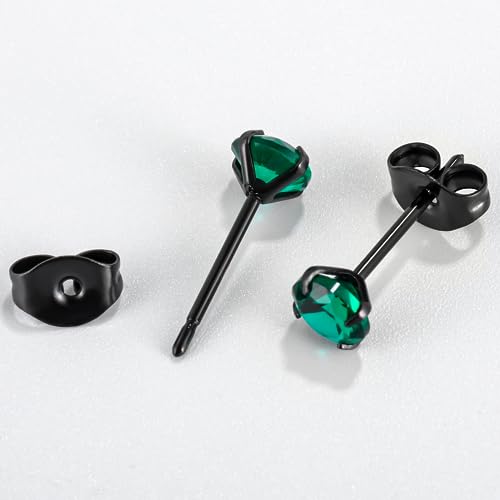 12 Pairs 18K Gold Plated Surgical Stainless Steel Stud Earrings, Star Heart Square Stud Earring for Women, Cubic Zirconia Birthstone Stud Earrings Set - color: Black round 4mm