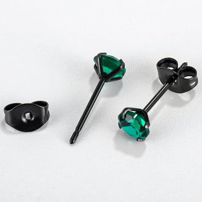 12 Pairs 18K Gold Plated Surgical Stainless Steel Stud Earrings, Star Heart Square Stud Earring for Women, Cubic Zirconia Birthstone Stud Earrings Set - color: Black round 4mm