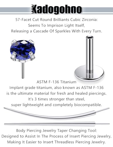 F136 Titanium 20/18/16g Internally Threaded Medusa Monroe Lip Ashley Labret Nose Rings Flat Back Tragus Helix Cartilage Conch Screw Stud Earrings Surgical Steel Piercing Jewelry for Women - color: Blue CZ, size: 16g*1/4in