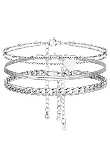 FOCALOOK Anklet Bracelets Set for Women, 14K Gold Plated Layered Anklet Set | Adjustable for Large Ankle, Cuban/Snake/Figaro/Paperclip Chain, Waterproof & Non Tarnish for Everyday Wear, Beach & Summer - color: B:3Pcs-Anklet Set-Silver
