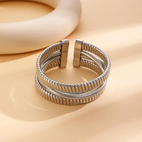 Chunky Gold Layered Cuff Bracelet for Women Men, Modern Geometric Textured Twisted Wide Open Bangle Bracelet Y2k Trendy Statement Jewelry Punk Gifts - color: Silver