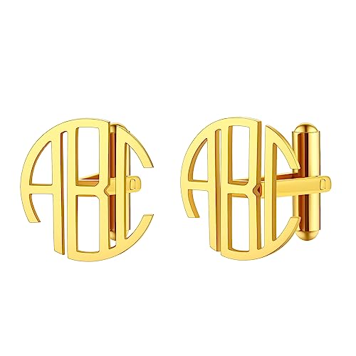 FindChic Stainless Steel Round Cufflinks with Custom Text/Picture/Monogram Letters 18K Gold Plated/Black Color for Men Groom Suits Shirts, with Gift Box - style: 03. custom 3 letters (gold plated)