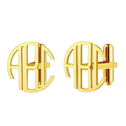 FindChic Stainless Steel Round Cufflinks with Custom Text/Picture/Monogram Letters 18K Gold Plated/Black Color for Men Groom Suits Shirts, with Gift Box - style: 03. custom 3 letters (gold plated)
