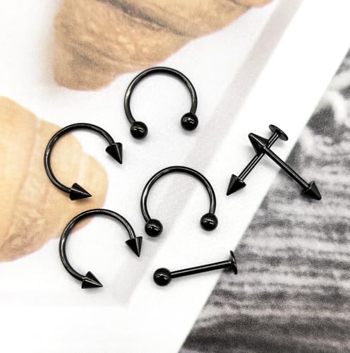 40Pcs Surgical Steel Lip Rings Labret Monroe Barbell Daith Tragus Helix Piercing Septum Nose Ring Eyebrow Body Jewelry for Women Men - color: Black