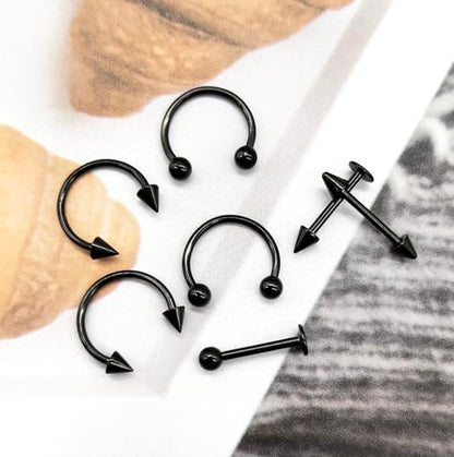 40Pcs Surgical Steel Lip Rings Labret Monroe Barbell Daith Tragus Helix Piercing Septum Nose Ring Eyebrow Body Jewelry for Women Men - color: Black