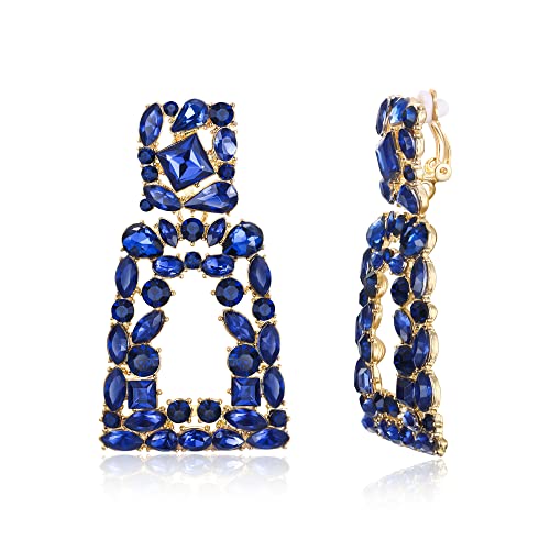 Flyonce Rectangle Clip-on Drop Earrings for Women, Sparkly Rhinestone Crystal Geometric Statement Non Pierced Earring Wedding Prom Party Jewelry for Brides Bridesmaid - color: Navy Blue