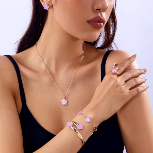 Clover Jewelry Set for Women Non Tarnish Gold-Tone Five Leaf Clover Necklace, Earrings, Ring, Bracelet Fashion Simple Floral Jewelry Set - color: Purple
