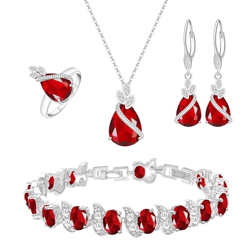 GZWHD Jewelry Set for Women CZ Earrings Necklace Ring Bracelet Set Prom Party Wedding Jewelry Gift for Mother Friend Wife - color: A-Ruby