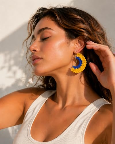 Handmade Crochet Sunrise Hoop Earrings with Soft Yellow Fringe, Lightweight Half-Circle Boho Statement Earrings, 925 Sterling Silver Hooks – KnitAra Sunlit Crescent