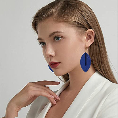 YUNXI Large Genuine Soft Leather Handmade Fringe Feather Lightweight Leaf with Simple Drop Metal Bar Tear Drop Dangle Color Earrings for Women - color: Royal Blue