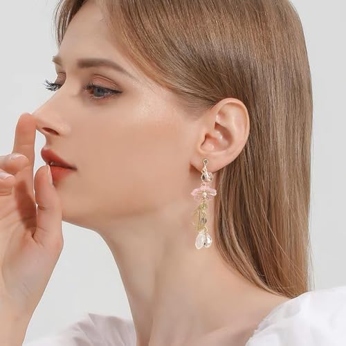 Clip on Pink Flower Pearl Leaf Long Fake Dangle Drop Earrings for Women Non Pierced Ear Dainty Cute Gold Plated Sakura Flower Statement Tassel Dangling Earrings Hypoallergenic Lightweight Fashion Trendy Jewelry
