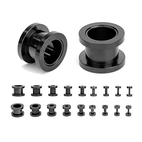 18PCS Ear Tunnels Kit Stainless Steel Screw Fit 14G-00G Gauges Plugs Set Double Flared Stretcher Expander Body Piercing Jewelry - color: Black