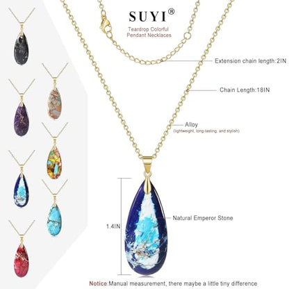 Suyi Stone Necklace for Women Teardrop Colorful Pendant Necklaces - color: Blue Gold