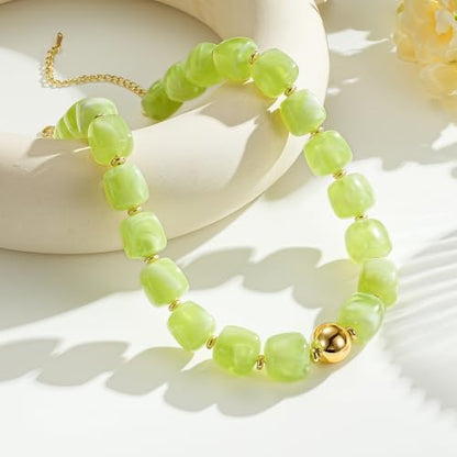 Ritach Chunky Beaded Necklaces for Women - Colorful Large Square Acrylic Beaded Necklace Boho Chunky Necklace Adjustable Statement Choker Necklace for Women Waterproof Summer Beach Jewelry Gifts - color: Light Green