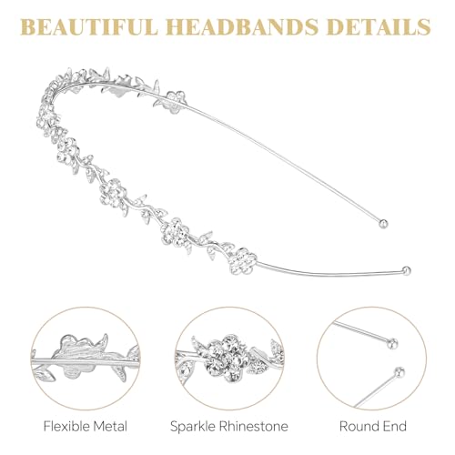 4 Pcs Rhinestone Headbands, Bridal Wedding Headband, Crystal Flower Girl Headpiece, Goddess Leaves Crown Metal Hair Band, Fairy Hair Accessories for Women, Prom Tiaras for Birthday Party - color: Silver