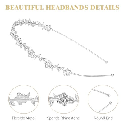 4 Pcs Rhinestone Headbands, Bridal Wedding Headband, Crystal Flower Girl Headpiece, Goddess Leaves Crown Metal Hair Band, Fairy Hair Accessories for Women, Prom Tiaras for Birthday Party - color: Silver