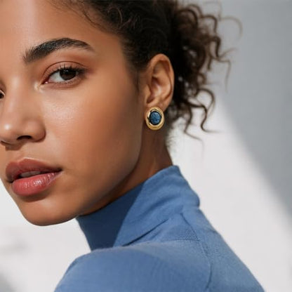 Jean Beau Chunky Gold Stone Stud Earrings for Women, Trendy Natural Gemstone Hypoallergenic Earing Valentine Jewelry Gift - color: Lapis Lazuli