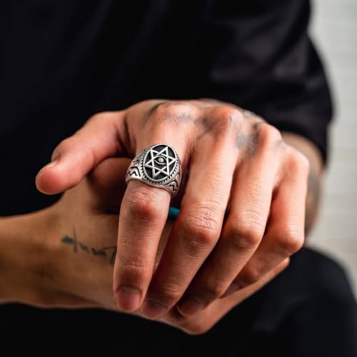 Dacc & Aya Custom Engraved Vintage Signet Ring 925 Sterling Silver Black Oxidized Personalized Statement Jewelry for Men - style: A-Hexagram