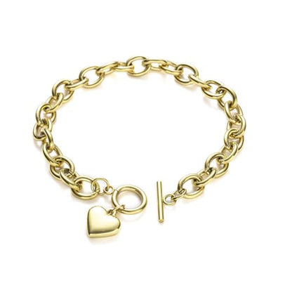 14K Gold Silver Tone Women’s Heart Charm Bracelets Toggle Clasp Stainless Steel Link Bracelet Minimalist Jewelry 7.5” - color: polish heart-gold