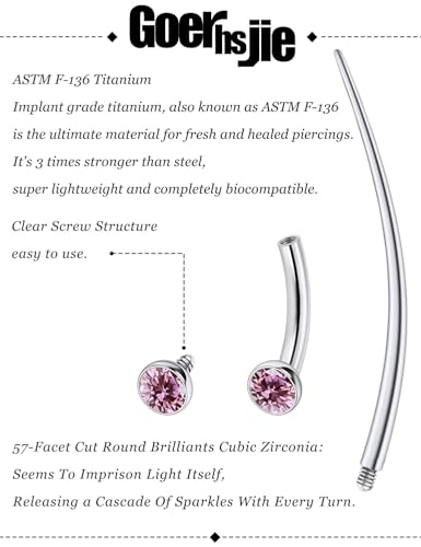 F136 Titanium 16g 6/8/10mm Eyebrow/Rook/Snug/Vertical-Labret/VCH/Snake-Eyes/Anti-Tragus/Christina/Daith/Belly-Button/Bridge/Hood/Surface Curved Barbell Piercing Jewelry for Women Men - color: Pink, size: 6 mm (1/4 in)