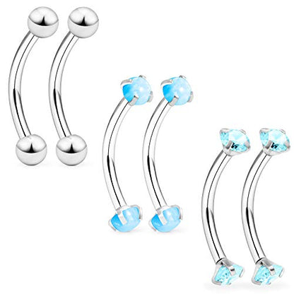 16G Eyebrow Rook Piercing Jewelry Small Belly Button Ring 316L Surgical Steel Snake Eye Tongue Curved Barbell Vertical Lip Labret Piercing Jewelry for Women Men 6mm 8mm 10mm Bars 3mm Opal CZ - color: 6PCS - Blue Opal
